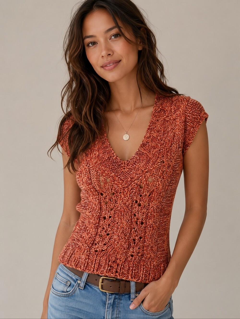 ❤️ VINTAGE Y2K AT LAST BURNT ORANGE/PINK SHORT SLEEVED V NECK SWEATER, SMALL